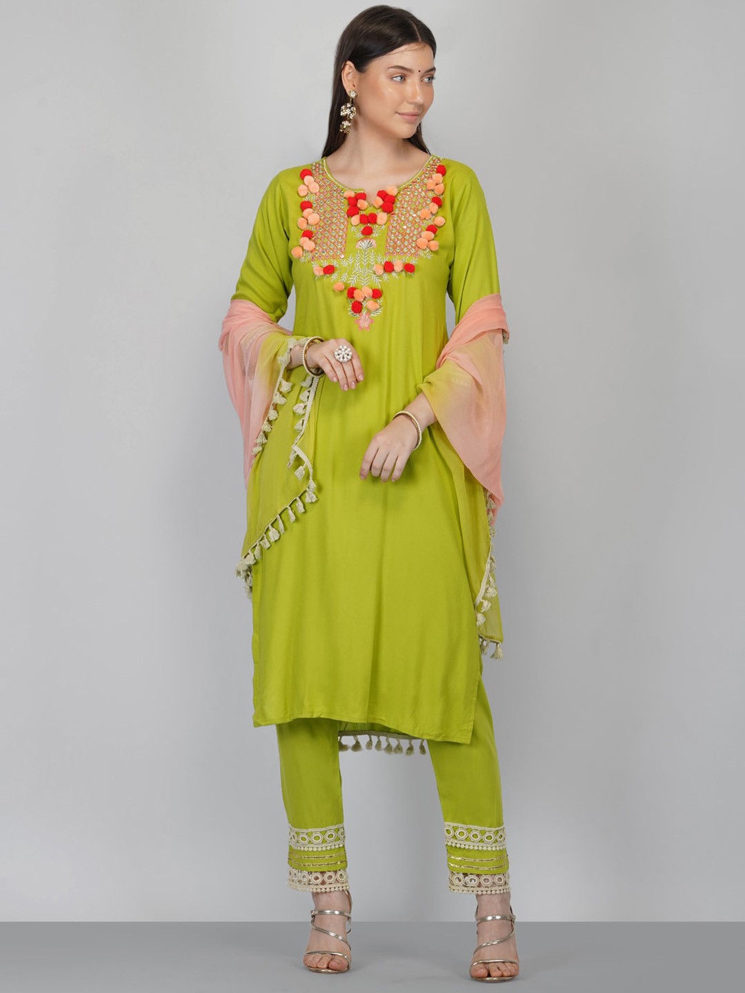 KALINI Ethnic Motifs Yoke Design Regular Mirror Work Kurta & Trousers With Dupatta, Green