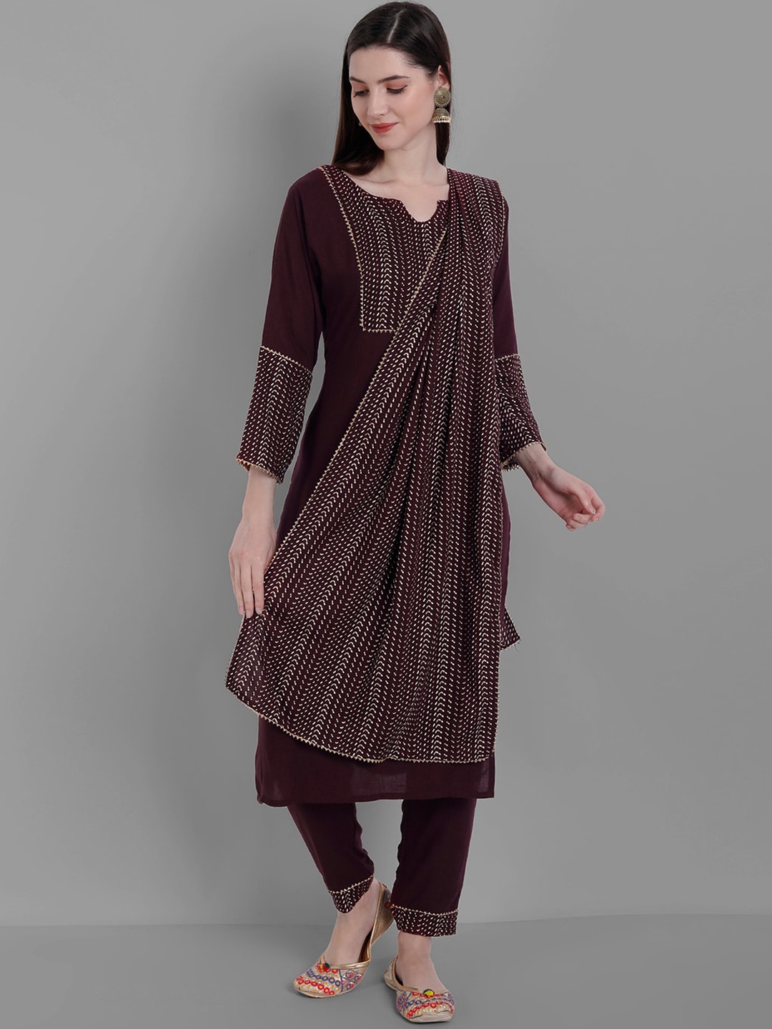 

KALINI Ethnic Motifs Yoke Design Gotta Patti Kurta with Trousers & With Dupatta, Brown