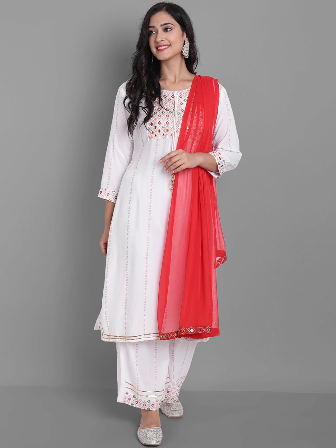 

KALINI Geometric Embroidered Straight Kurta & Palazzos With Dupatta, White