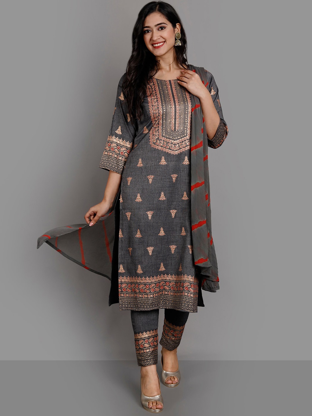 

KALINI Ethnic Motifs Printed Straight Kurta & Trousers With Dupatta, Grey