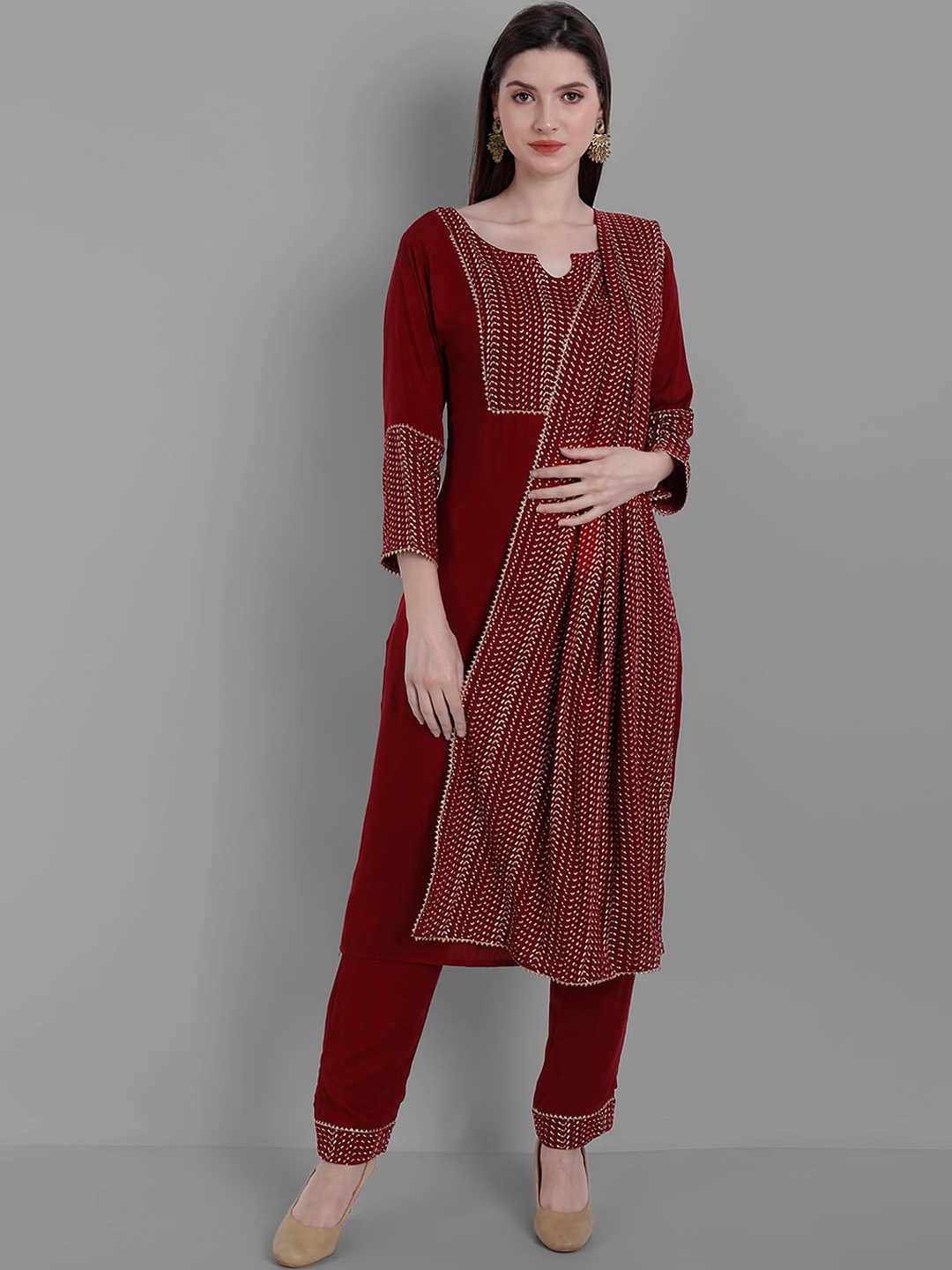 

KALINI Geometric Embroidered Kurta with Trousers & With Dupatta, Red