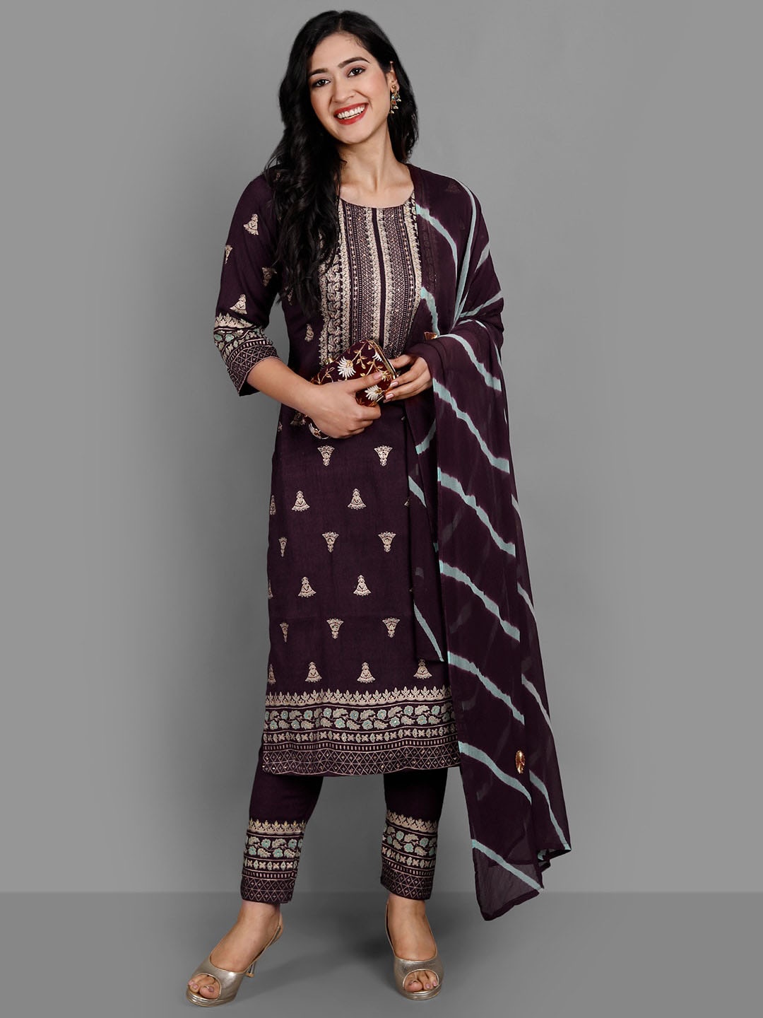 

KALINI Ethnic Motifs Printed Thread Work Kurta & Trousers With Dupatta, Brown