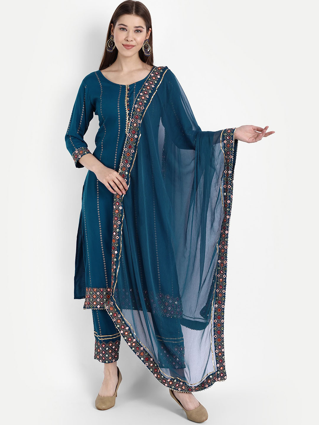 

KALINI Striped Self Design Straight Kurta & Trousers With Dupatta, Blue