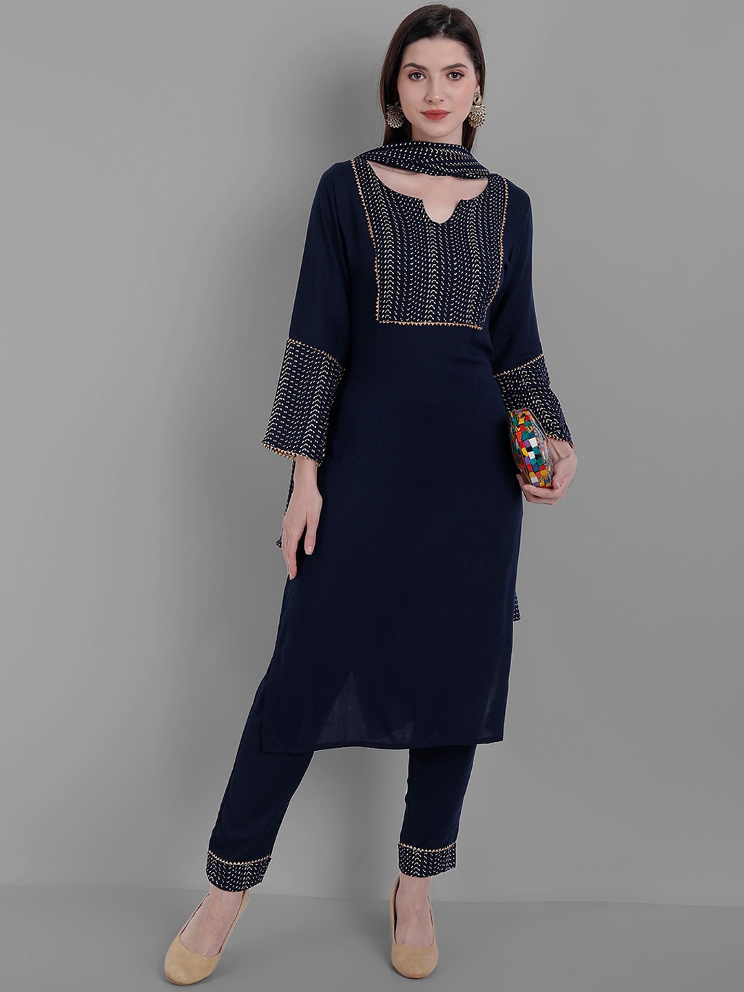

KALINI Yoke Design Gotta Patti Kurta & Trousers With Dupatta, Navy blue