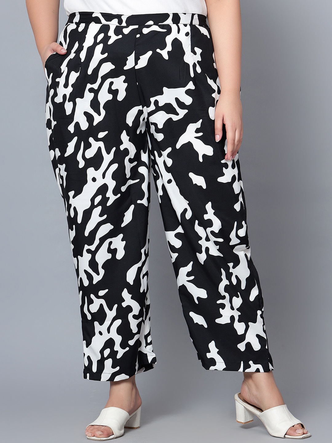

Indietoga Women Plus Size Abstract Printed Comfort Easy Wash Parallel Trousers, Black
