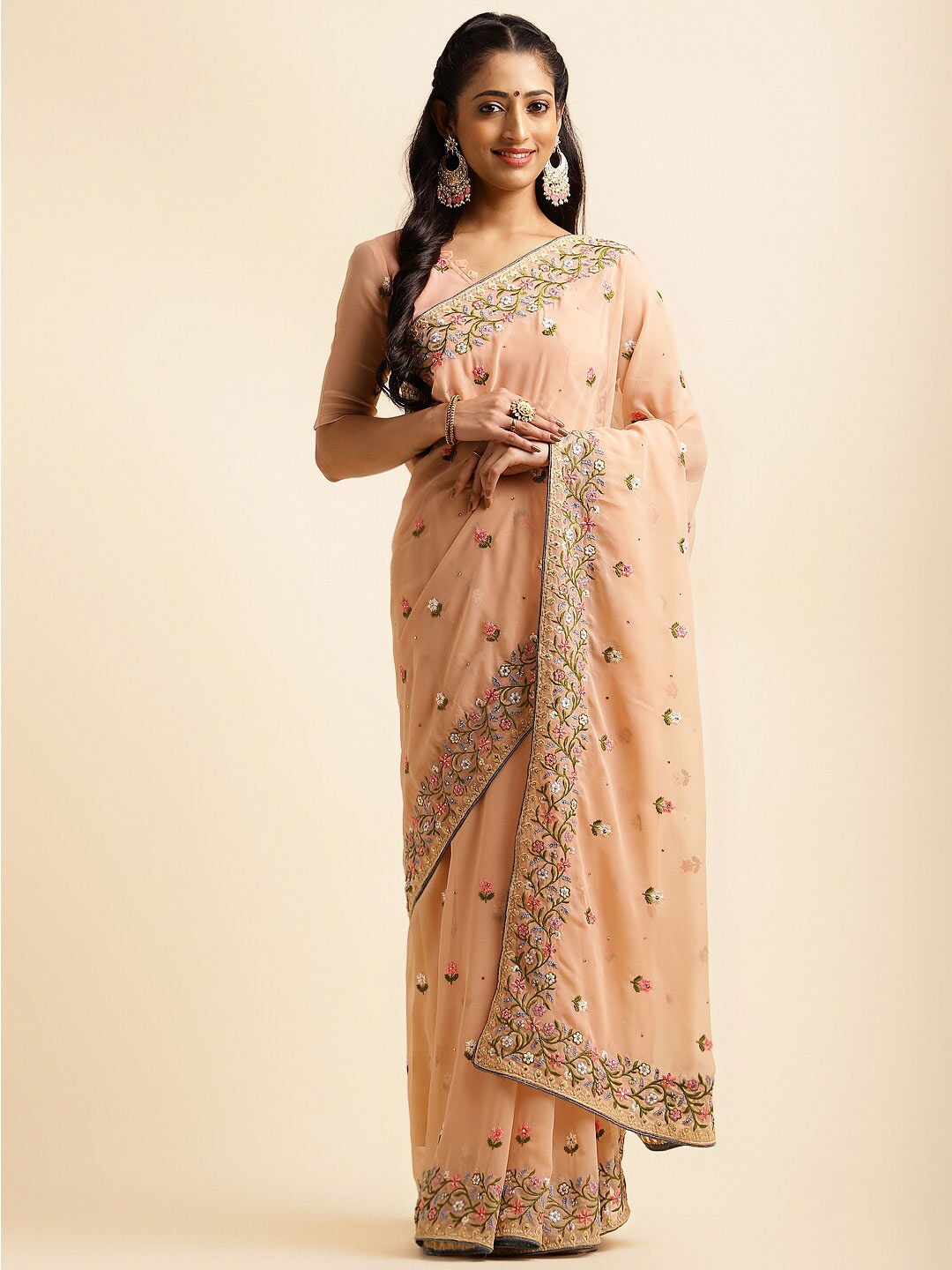 

ALAGINI Floral Embroidered Saree, Orange
