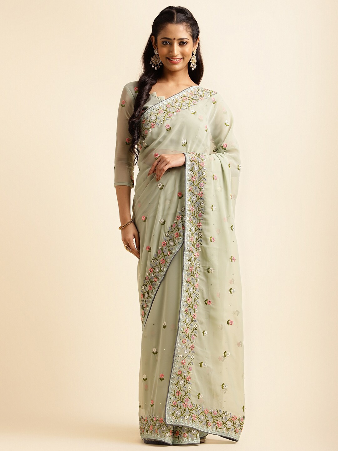 

ALAGINI Floral Embroidered Beads and Stones Poly Georgette Ikat Saree, Green