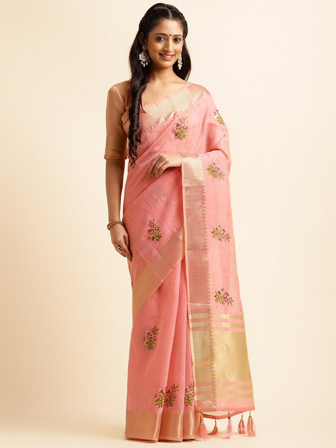 

ALAGINI Floral Zari Pure Linen Taant Saree, Pink
