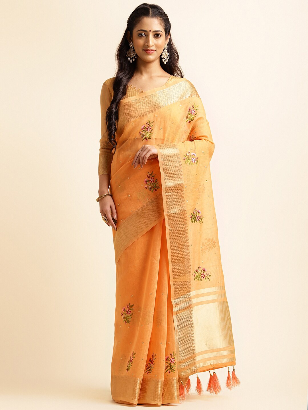 

ALAGINI Floral Embroidered Zari Silk Cotton Taant Saree, Orange