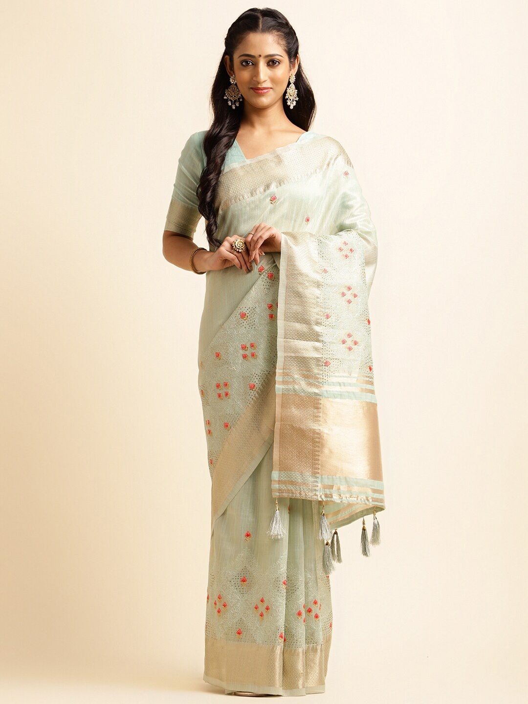 ALAGINI Floral Embroidered Silk Cotton Sambalpuri Saree, Green