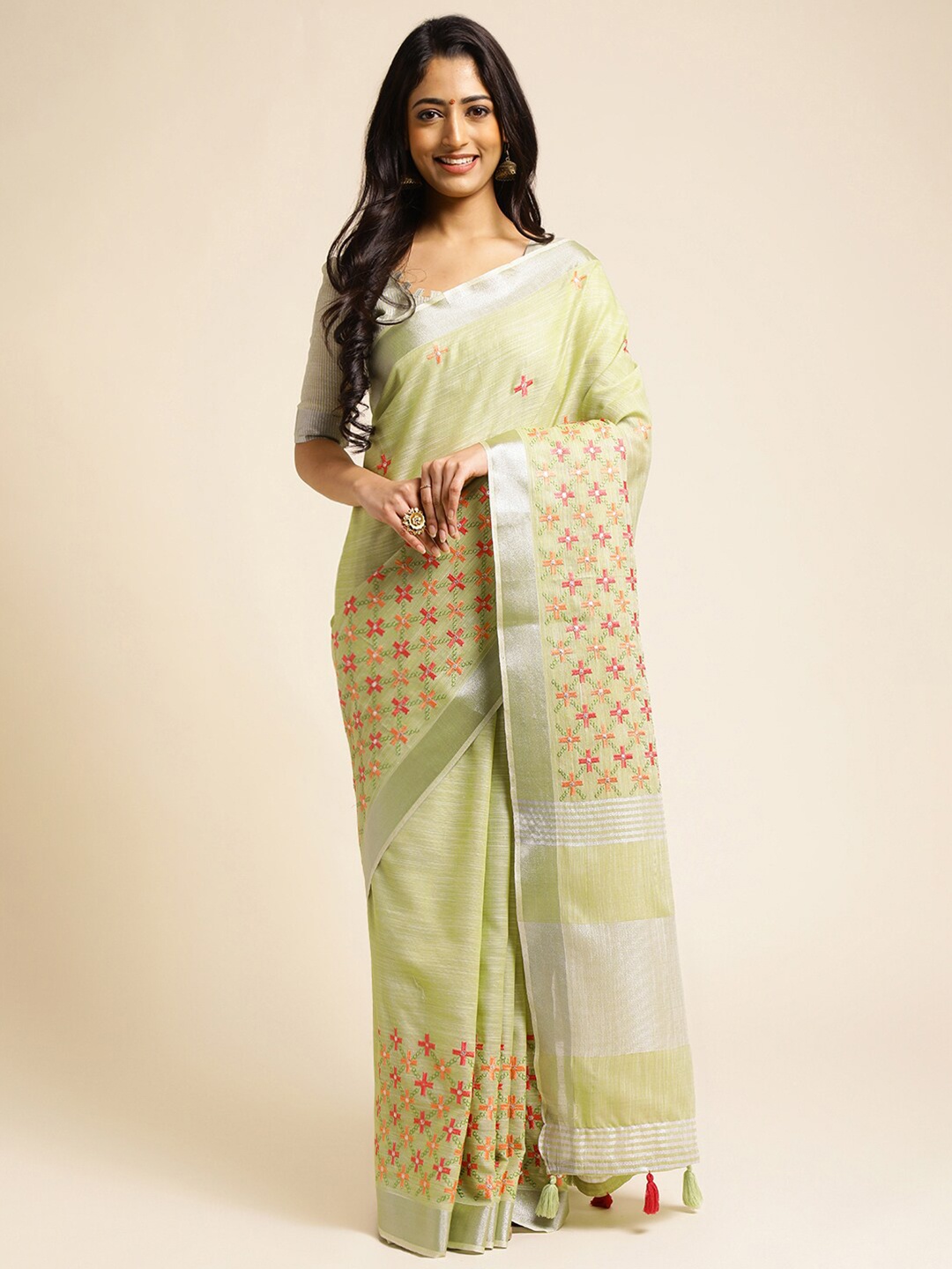 

ALAGINI Geometric Embroidered Pure Linen Chanderi Saree, Green