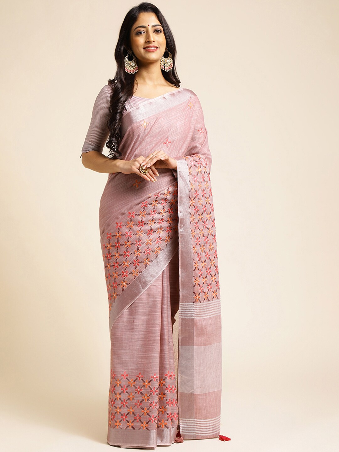 

ALAGINI Floral Embroidered Pure Linen Chanderi Saree, Pink