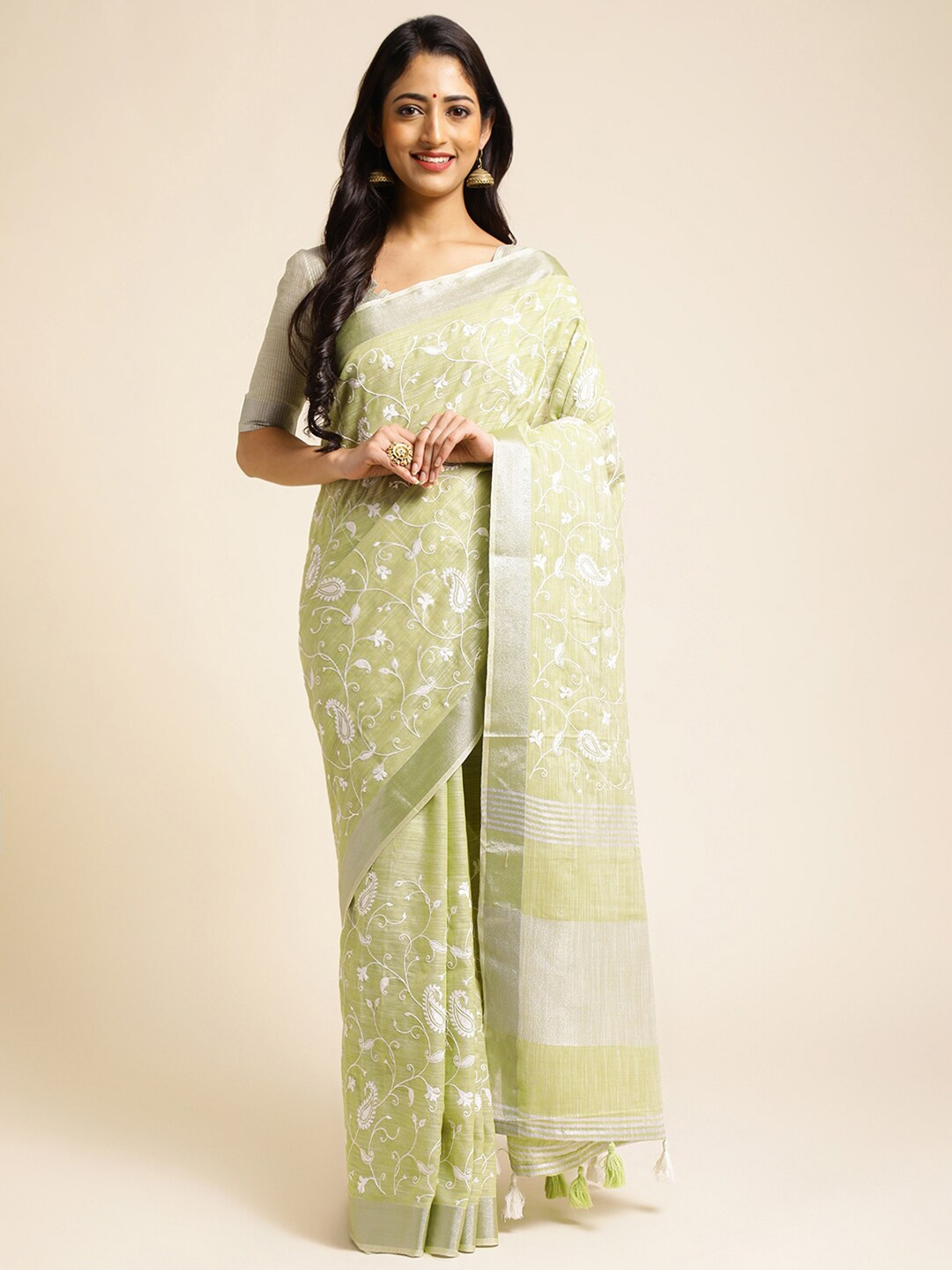 

ALAGINI Ethnic Motifs Embroidered Pure Linen Jamdani Saree, Green