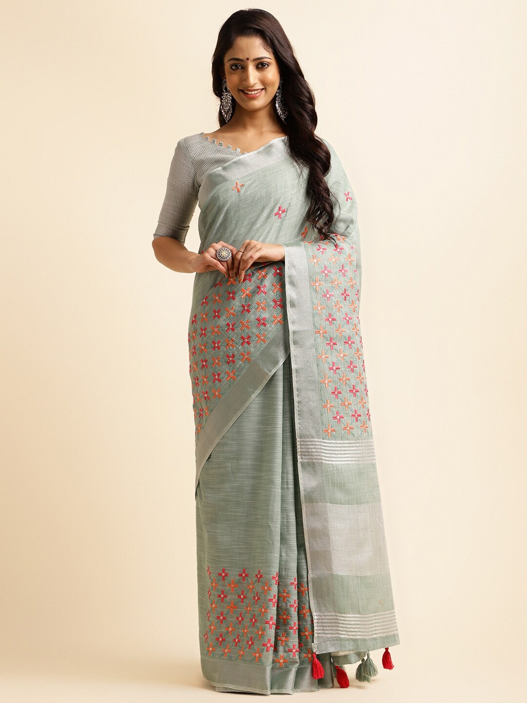 

ALAGINI Floral Embroidered Pure Linen Chanderi Saree, Turquoise blue