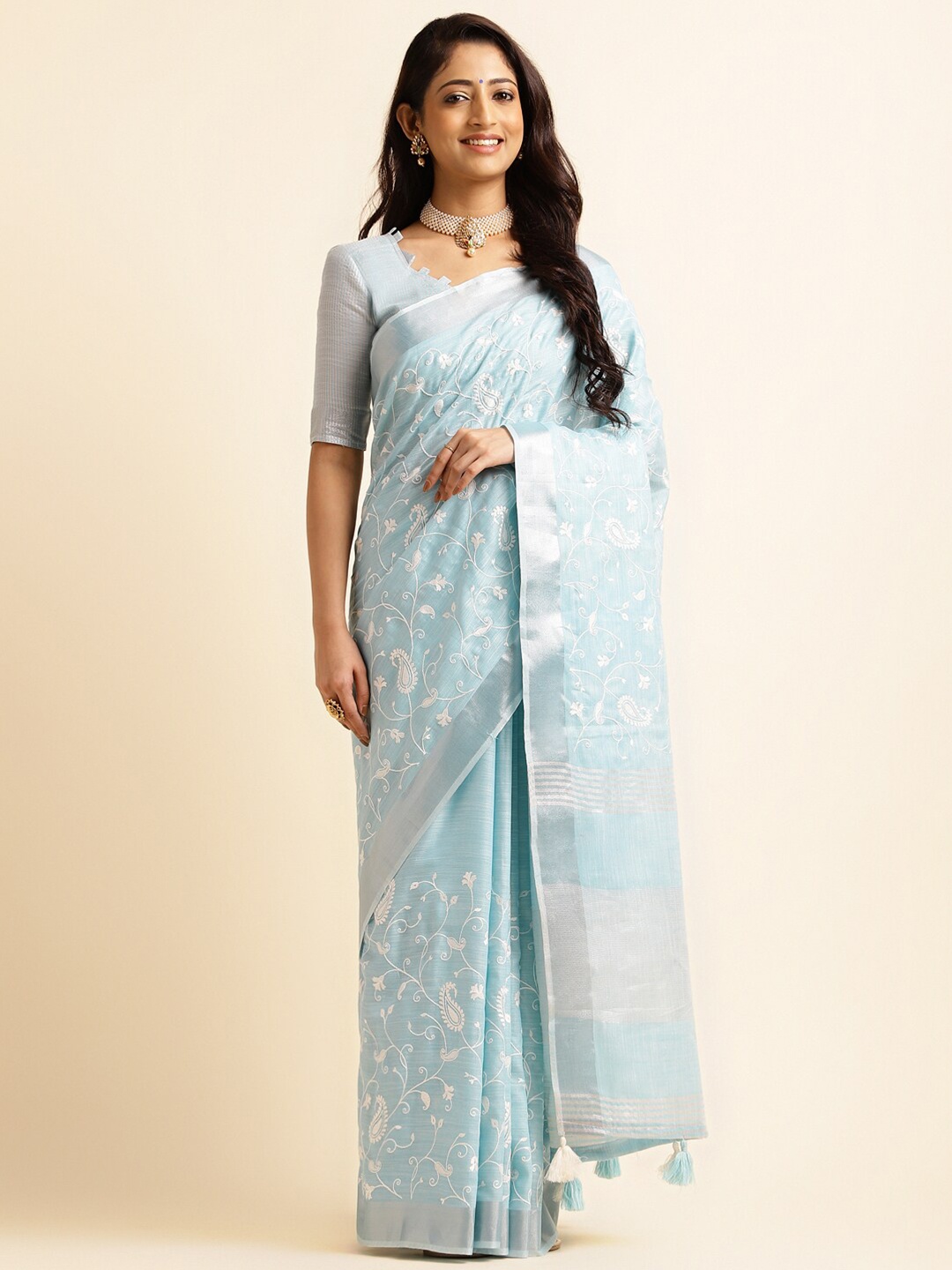 

ALAGINI Paisley Embroidered Zari Detailed Pure Linen Saree, Blue