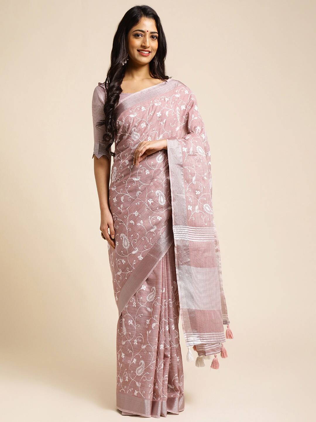 

ALAGINI Paisley Embroidered Zari Detailed Pure Linen Saree, Pink