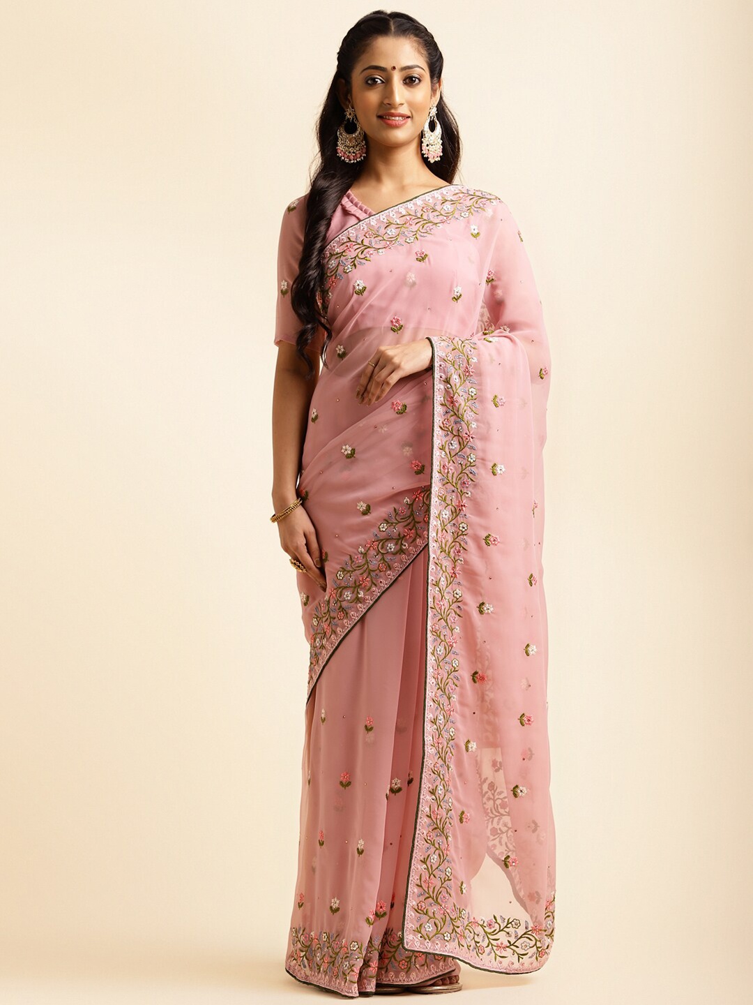 

ALAGINI Floral Embroidered Beads And Stones Saree, Pink