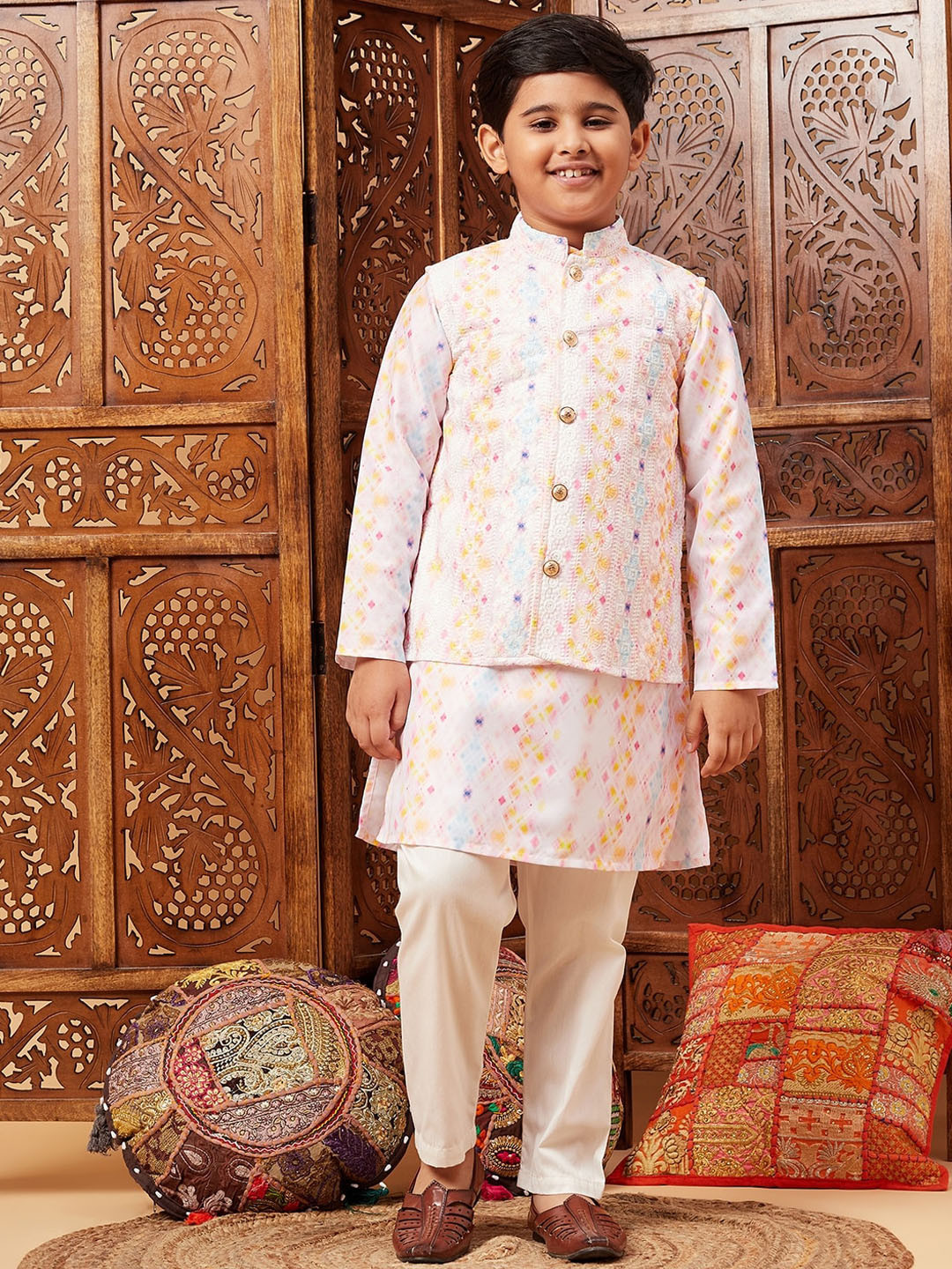 

Stylo Bug Boys Printed Regular Thread Work Kurta & Trousers With Nehru Jacket, White