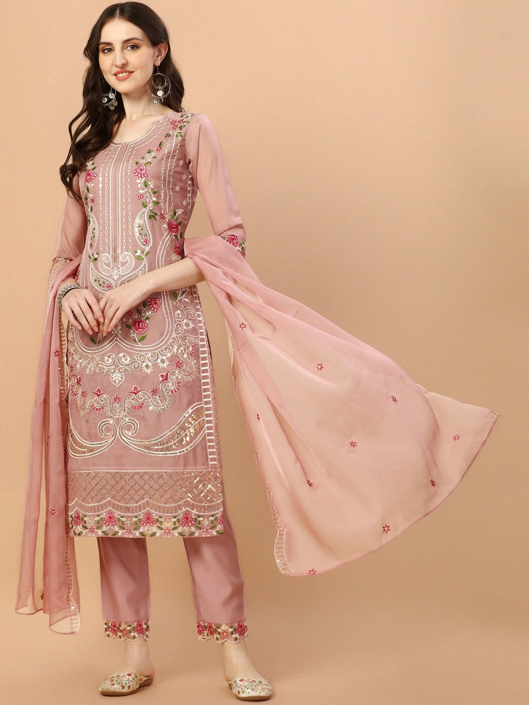

Berrylicious Floral Embroidered Regular Kurta with Trousers & Dupatta, Pink