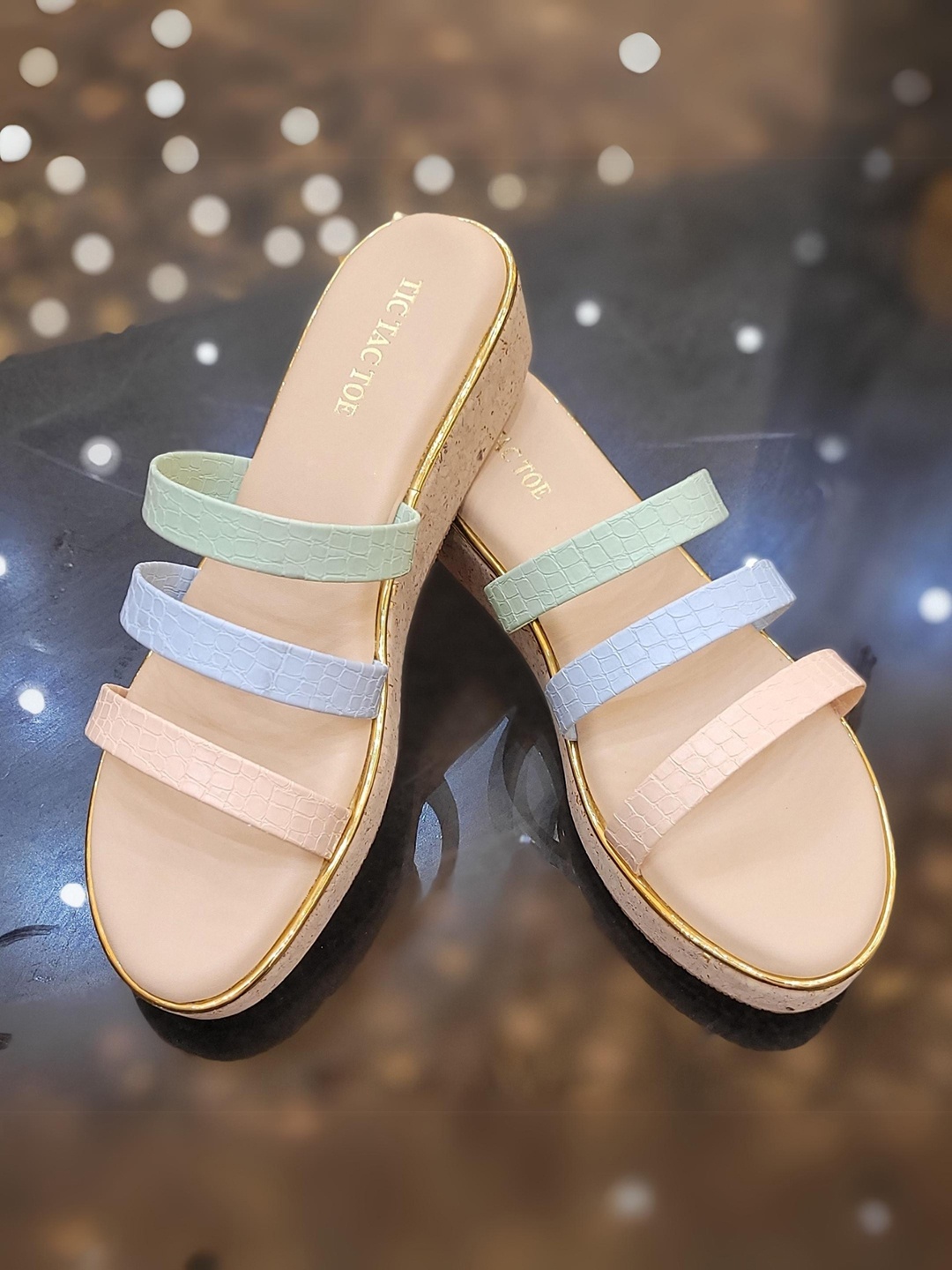 

TIC TAC TOE 3 Strap Flatform Heels, Beige