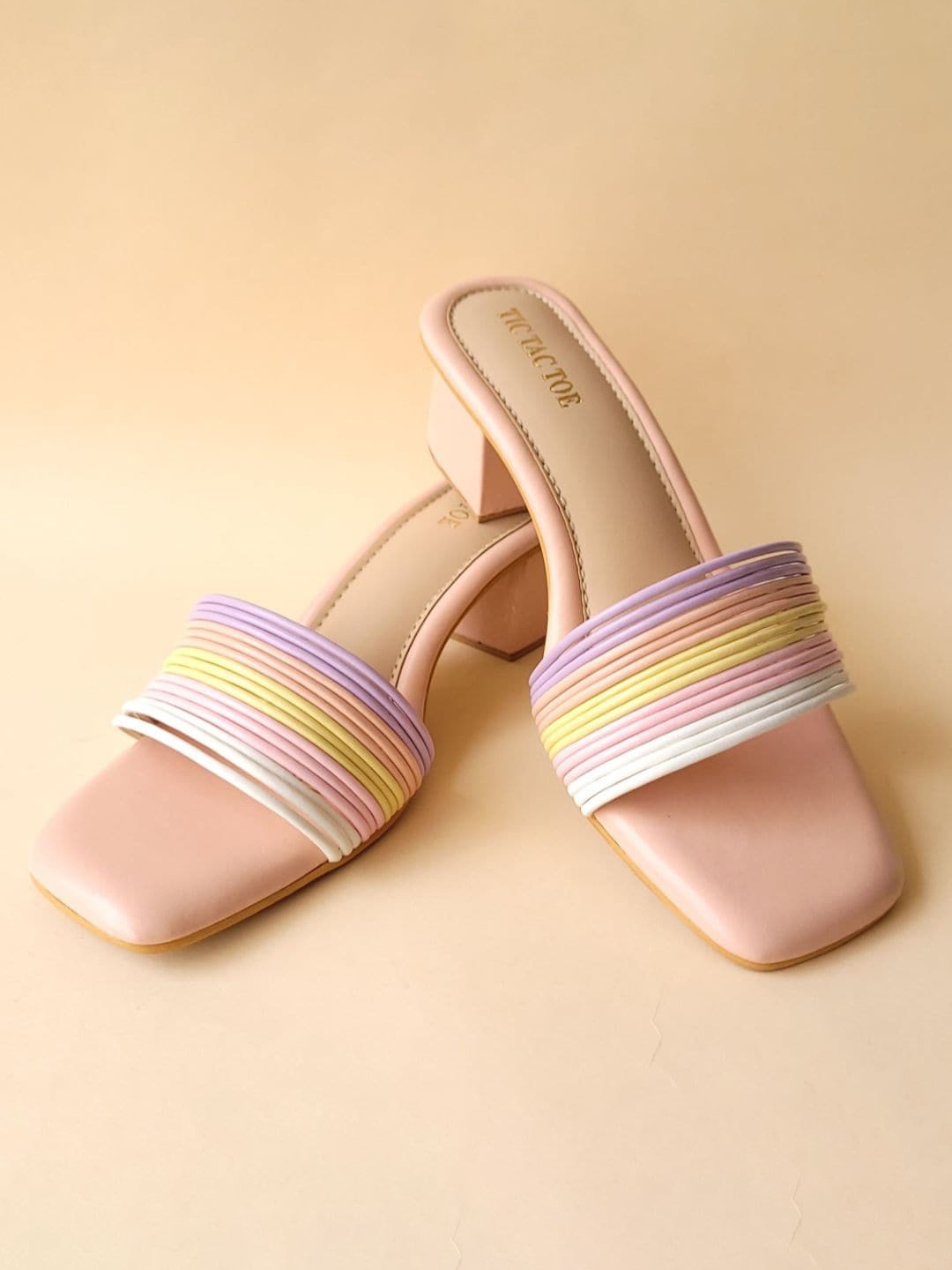 

TIC TAC TOE Striped Open Toe Block Heels, Pink