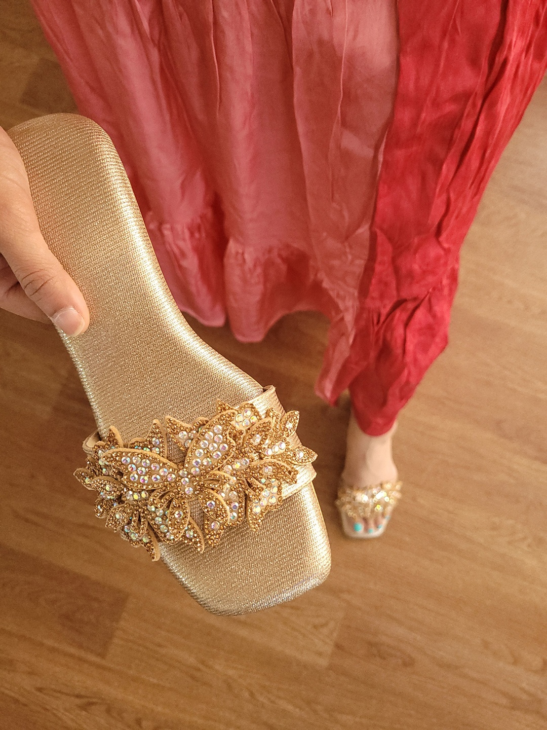 

TIC TAC TOE Embellished Block Heels, Gold