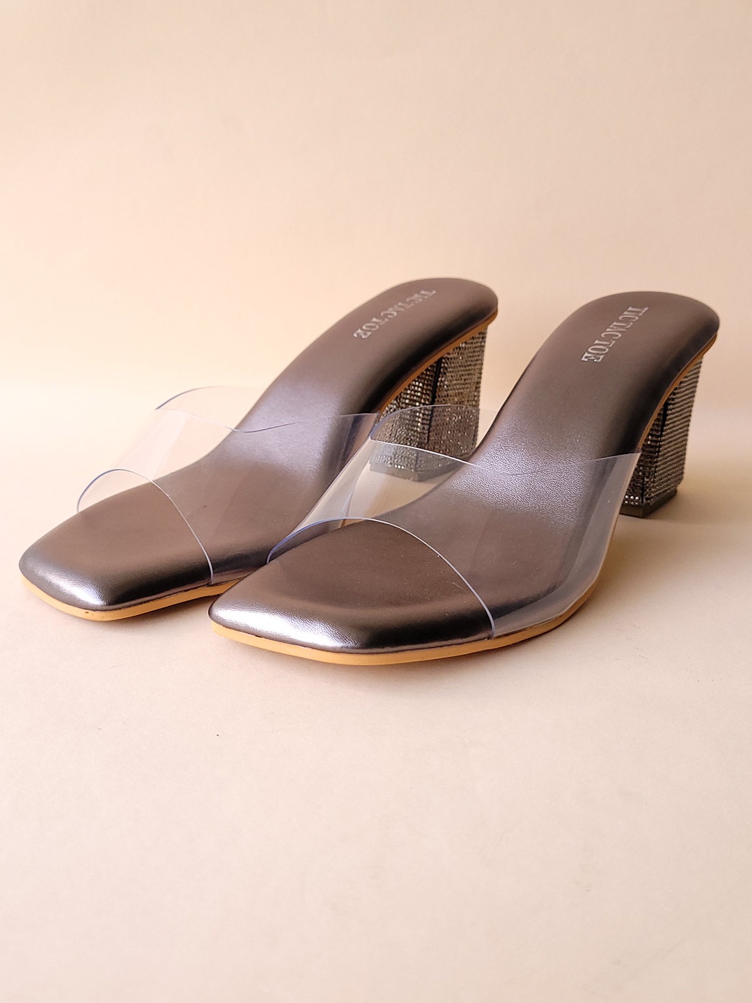 

TIC TAC TOE Embellished Party Block Heels, Grey