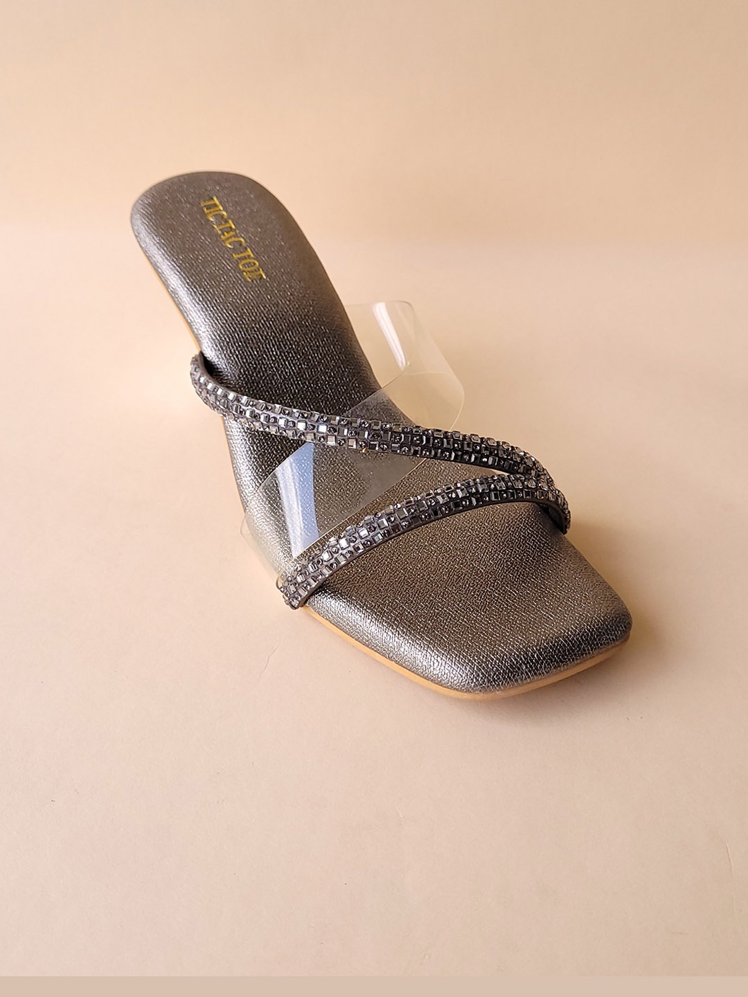 

TIC TAC TOE Embellished Block Heels, Grey