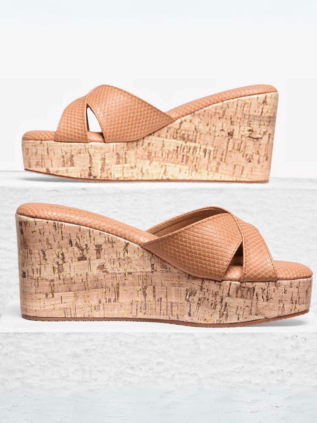 

TIC TAC TOE Textured Cross Strap Wedge Heels, Beige