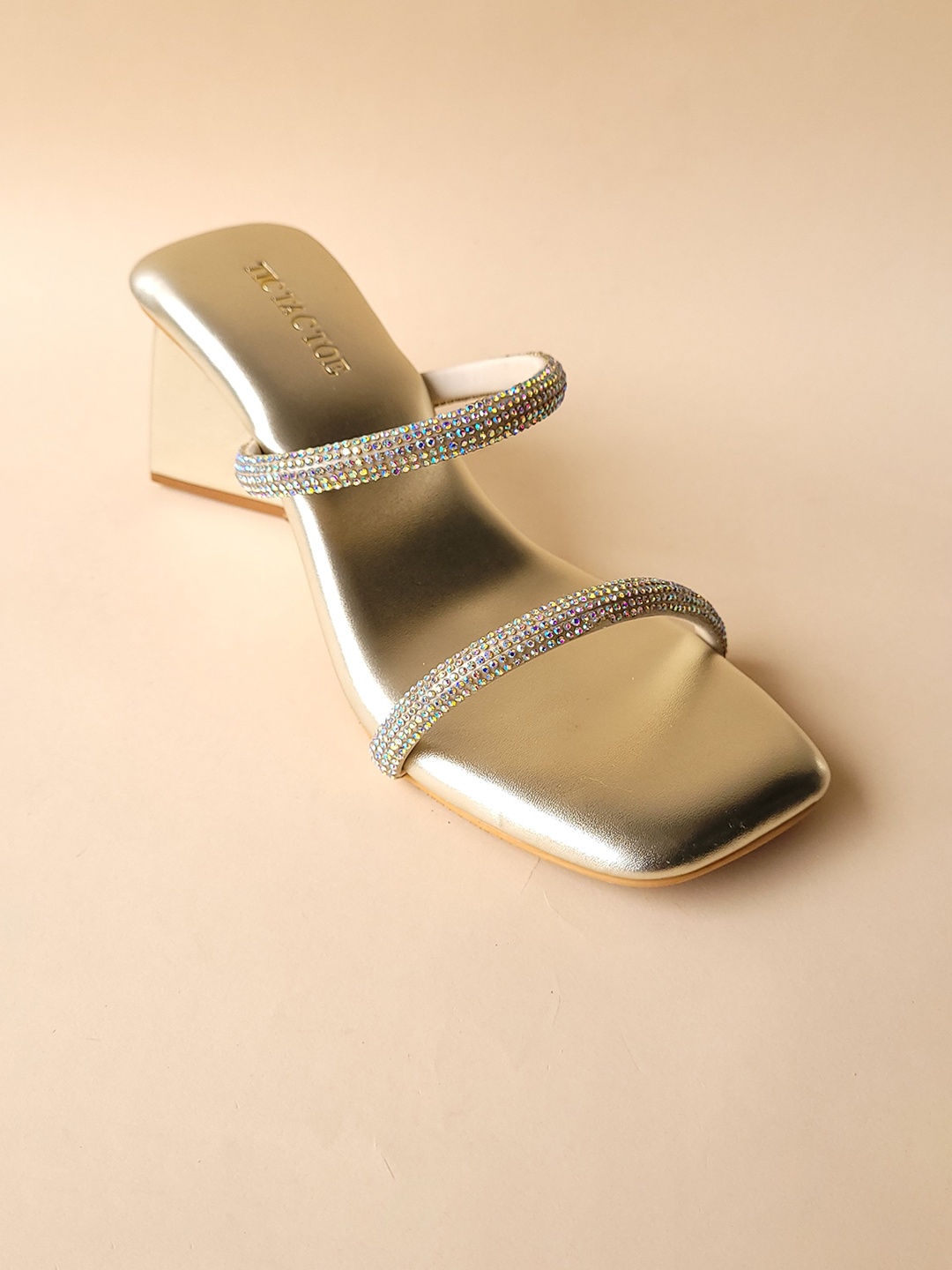 

TIC TAC TOE Embellished Block Heels, Gold
