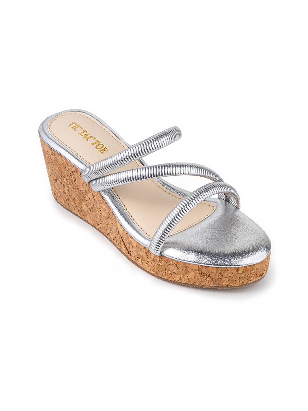 

TIC TAC TOE Textured Open Toe Wedge Heels, Silver