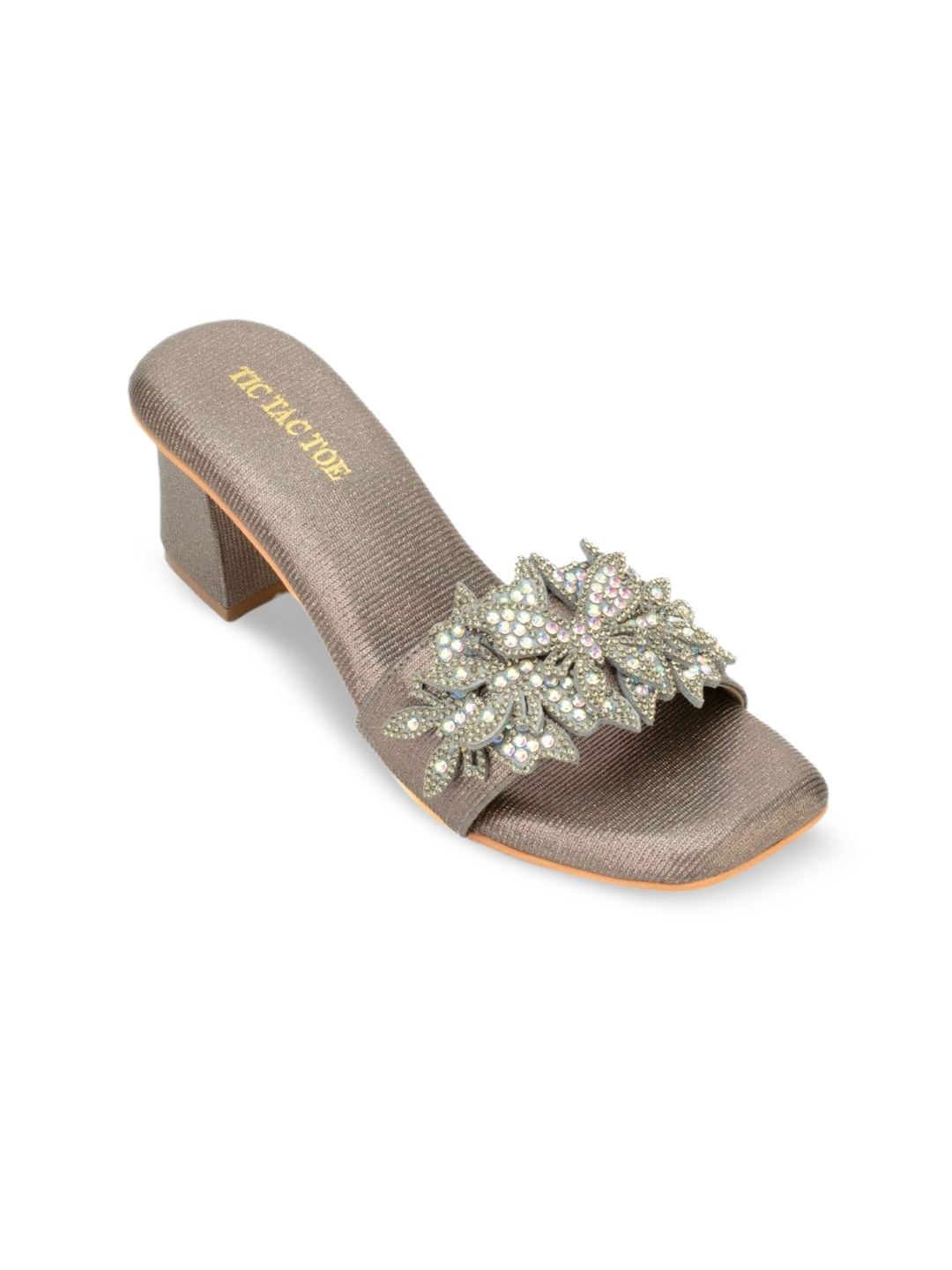 

TIC TAC TOE Ethnic Embellished Block Heels, Grey