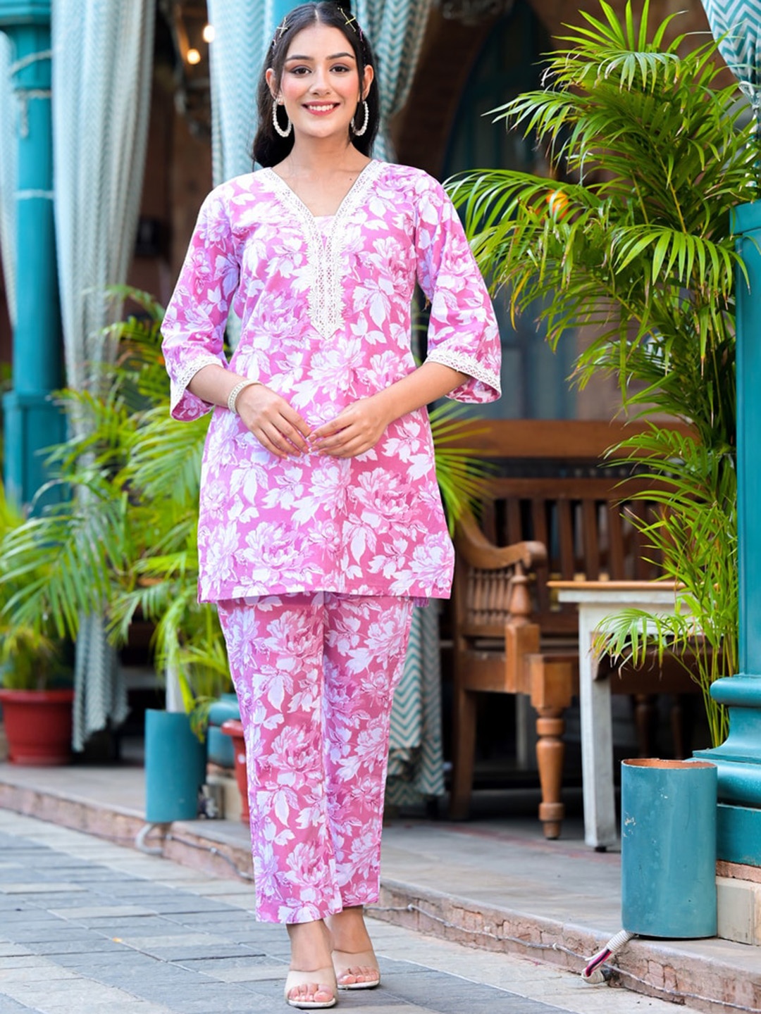 

Jaipuri Adaah Floral Printed Pure Cotton Top With Trousers, Pink