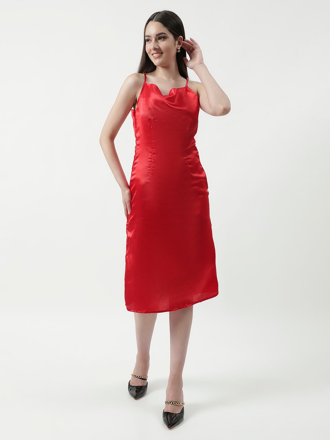 

Zima Leto Shoulder Straps Cowl Neck A-Line Midi Dress, Red