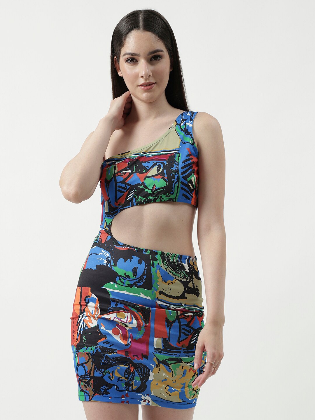 

Zima Leto Conversational Printed One Shoulder Cut-Out Bodycon Dress, Blue