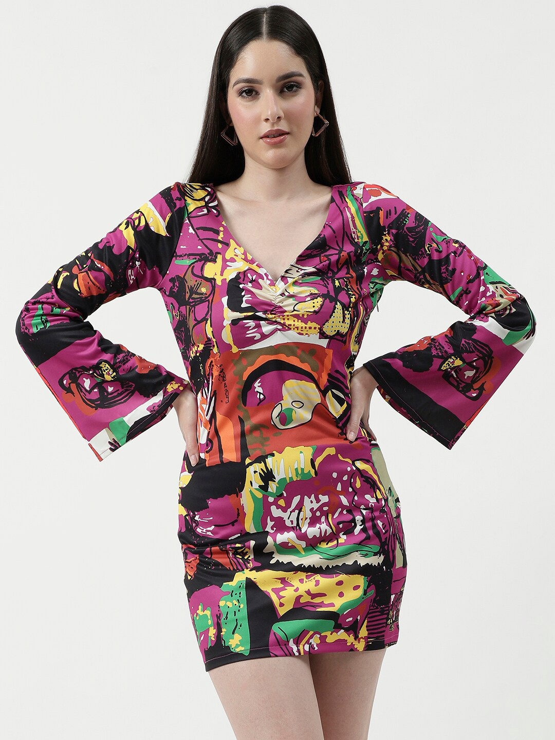 

Zima Leto Abstract Printed Bell Sleeve Sheath Mini Dress, Pink
