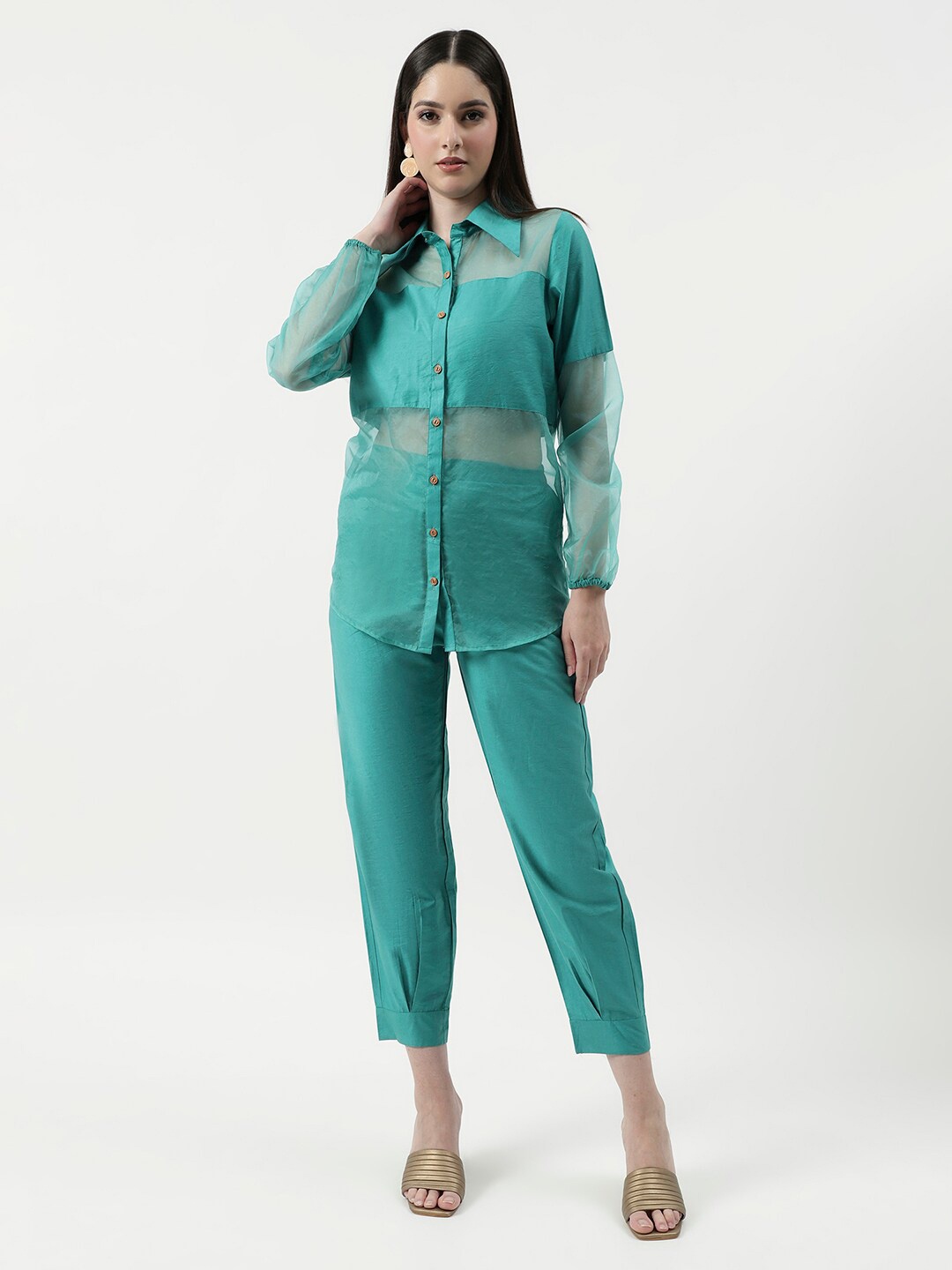 

Zima Leto Semi Sheer Shirt with Trouser, Sea green