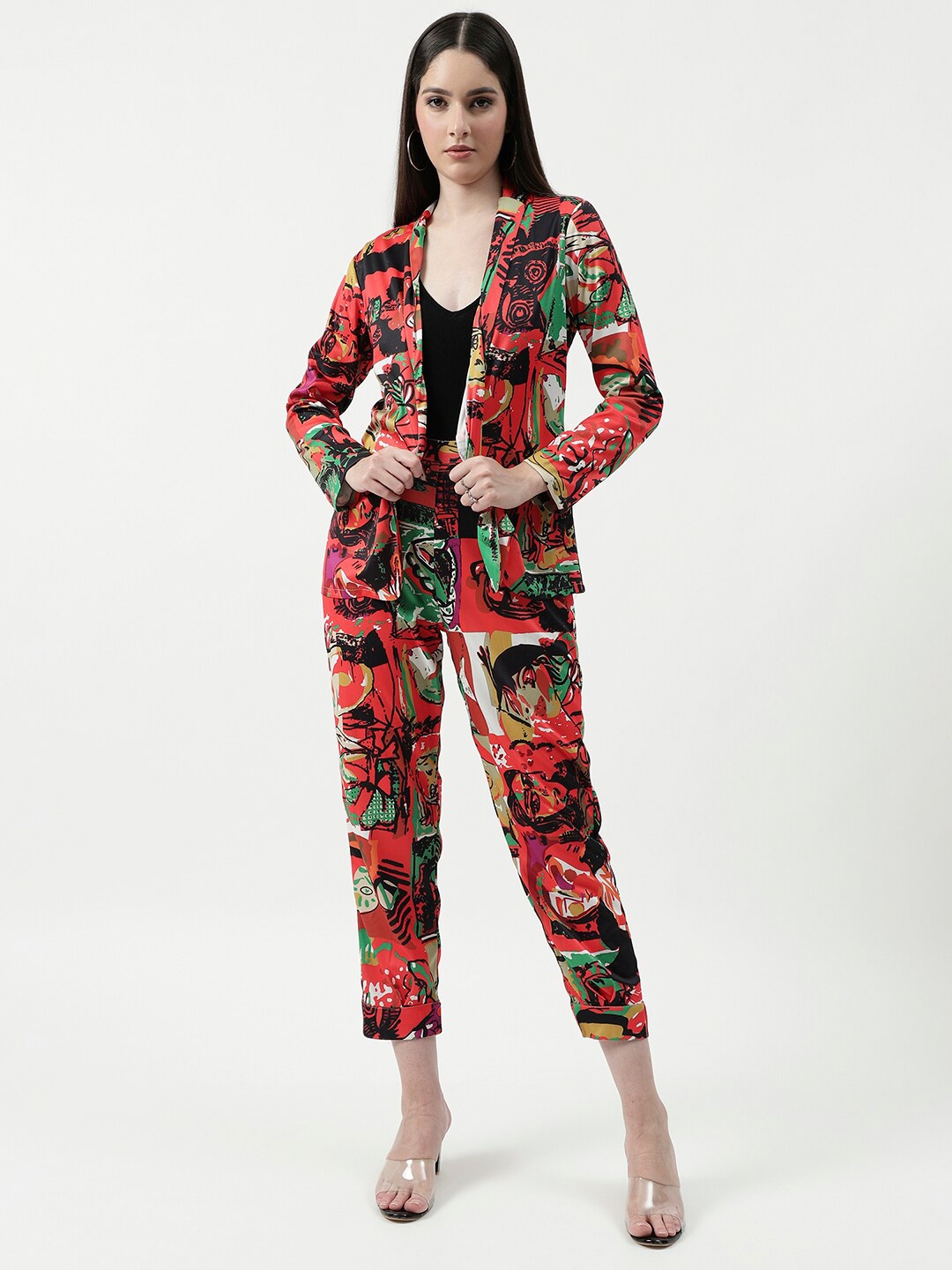 

Zima Leto Printed Shawl Neck Coat with Trouser, Red