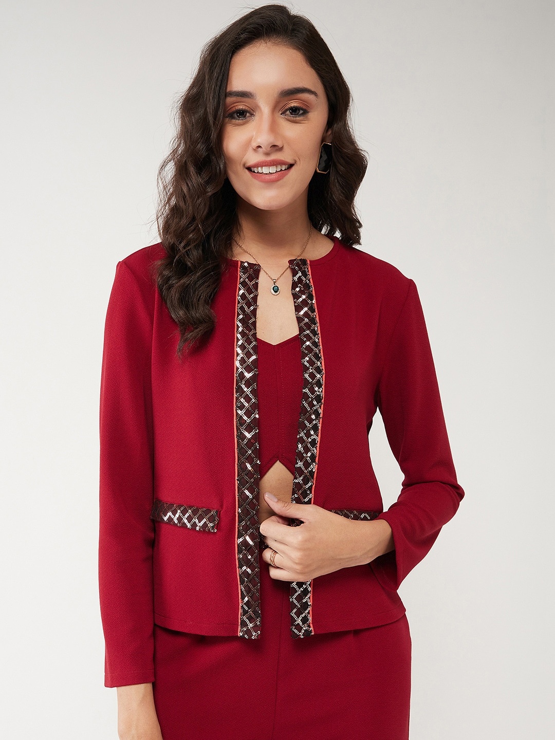 

Zima Leto Sequinned Detail Front Open Casual Blazer, Red