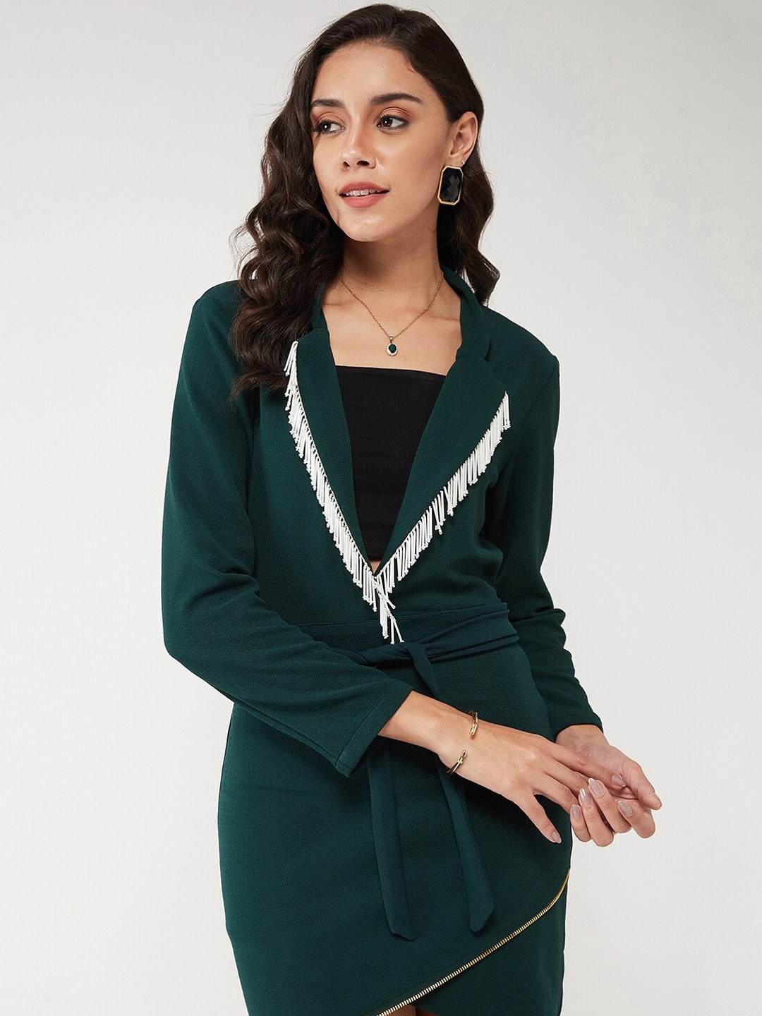 

Zima Leto Lace Detail Single Breasted Casual Overlap Blazer, Green