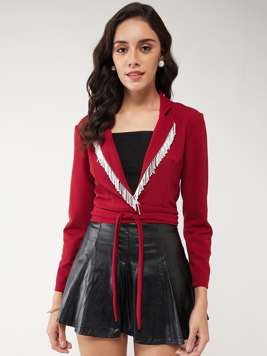 

Zima Leto Lace Detail Notched Lapel Collar Overlap Casual Blazer, Red