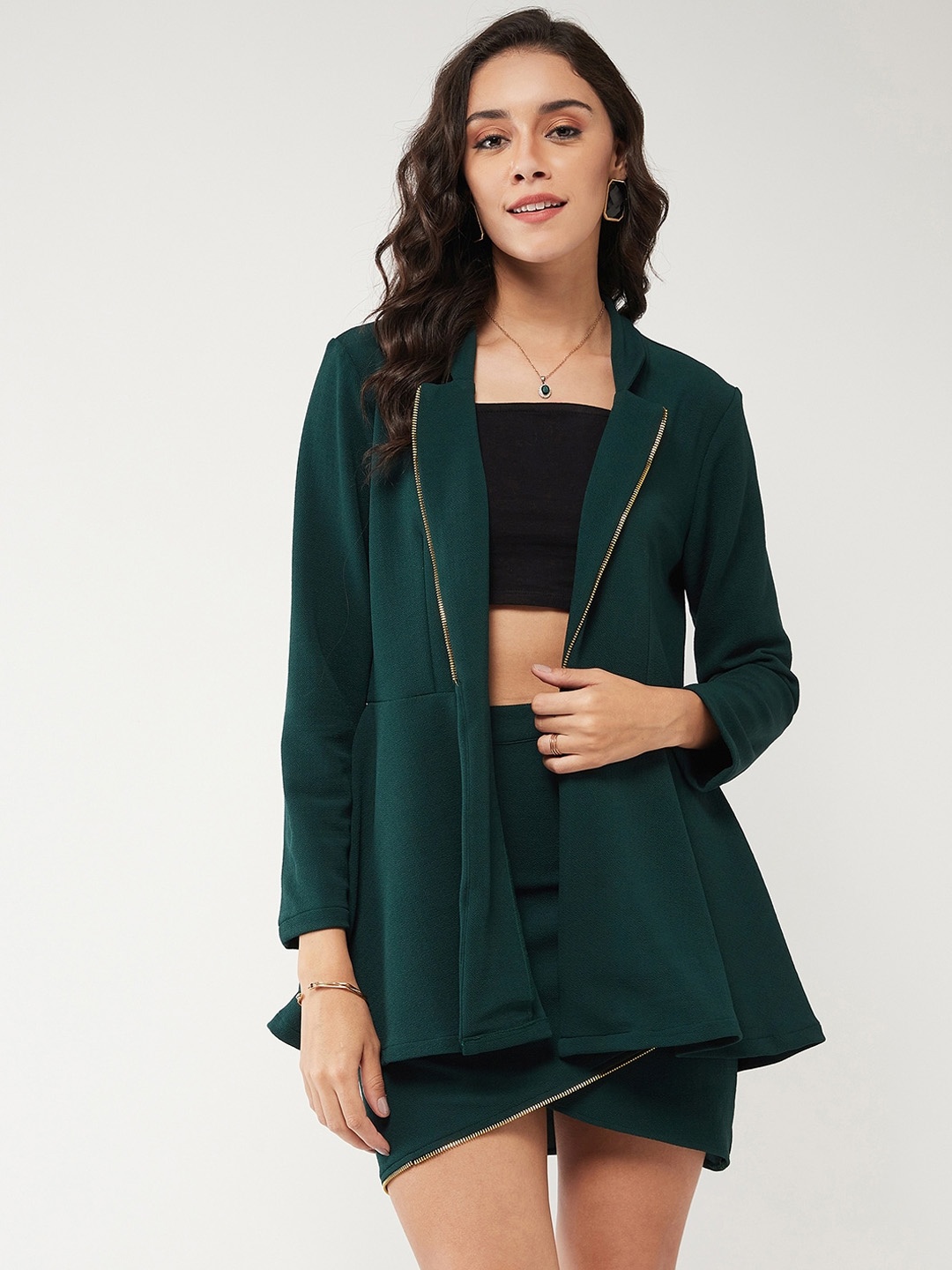 

Zima Leto Casual Open Front Blazer With Zipper Lapel, Green