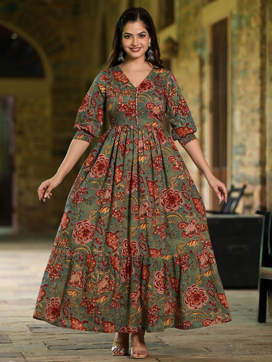 

Jaipuri Adaah Floral Printed V-Neck Puff Sleeves Tiered Fit & Flare Cotton Ethnic Dress, Green