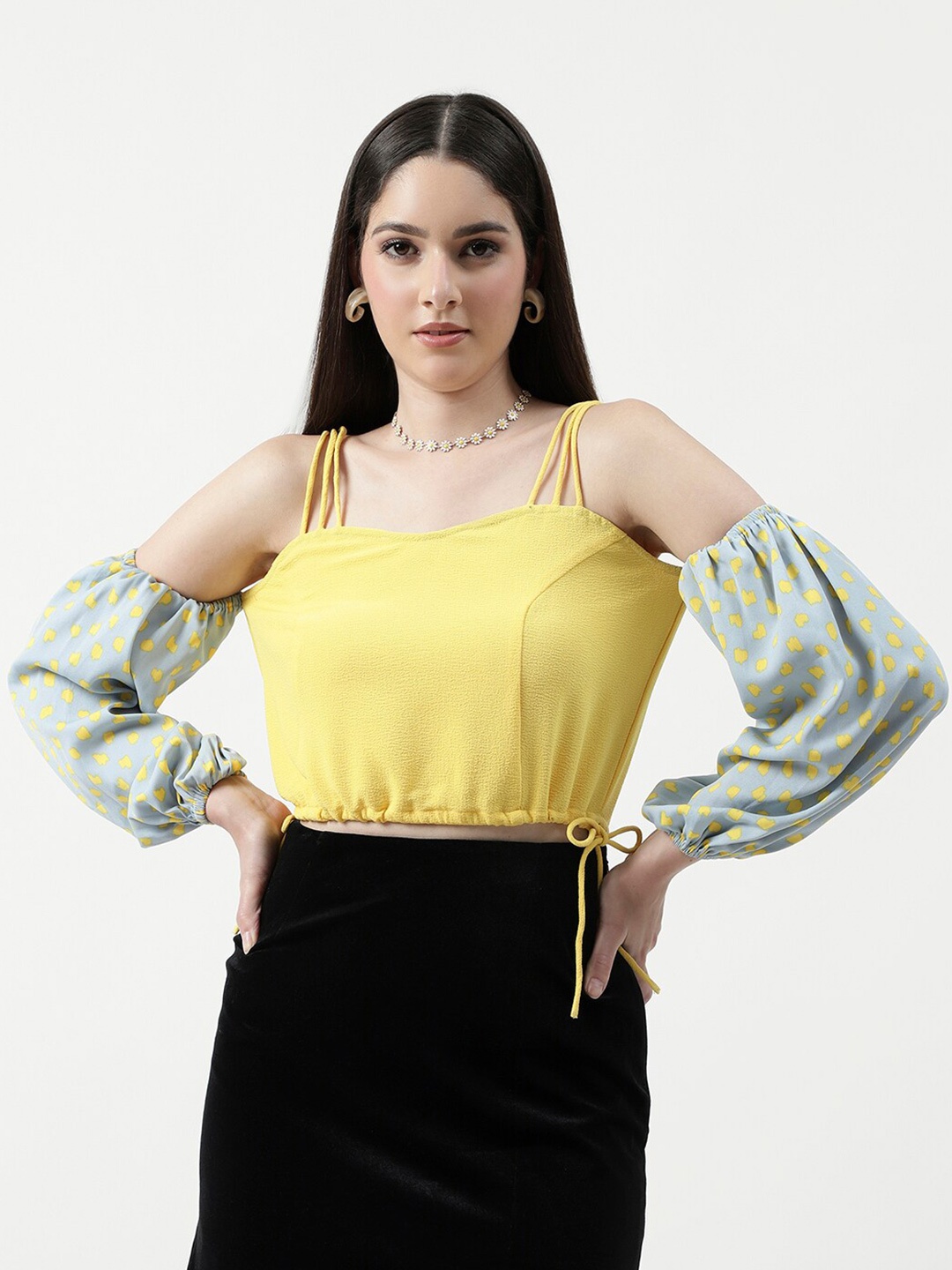 

Zima Leto Abstract Printed Puff Sleeves Regular Crop Top, Yellow