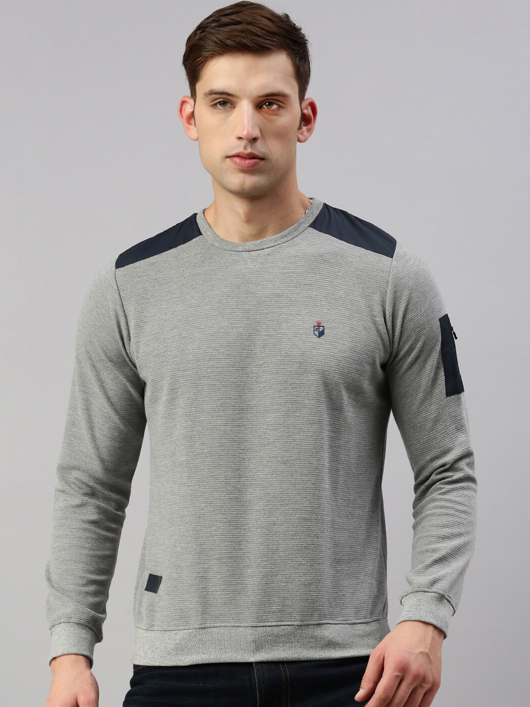 

ZEDD Colourblocked Round Neck Cotton Pullover Sweatshirt, Grey