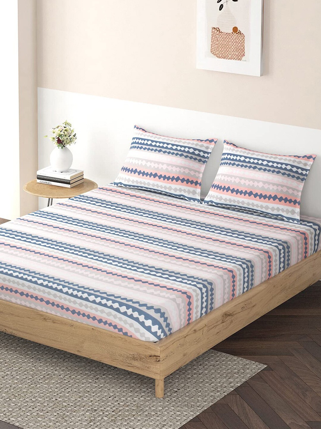 

DECOMIZER Blue & Grey Geometric 300 TC King Bedsheet with 2 Pillow Covers