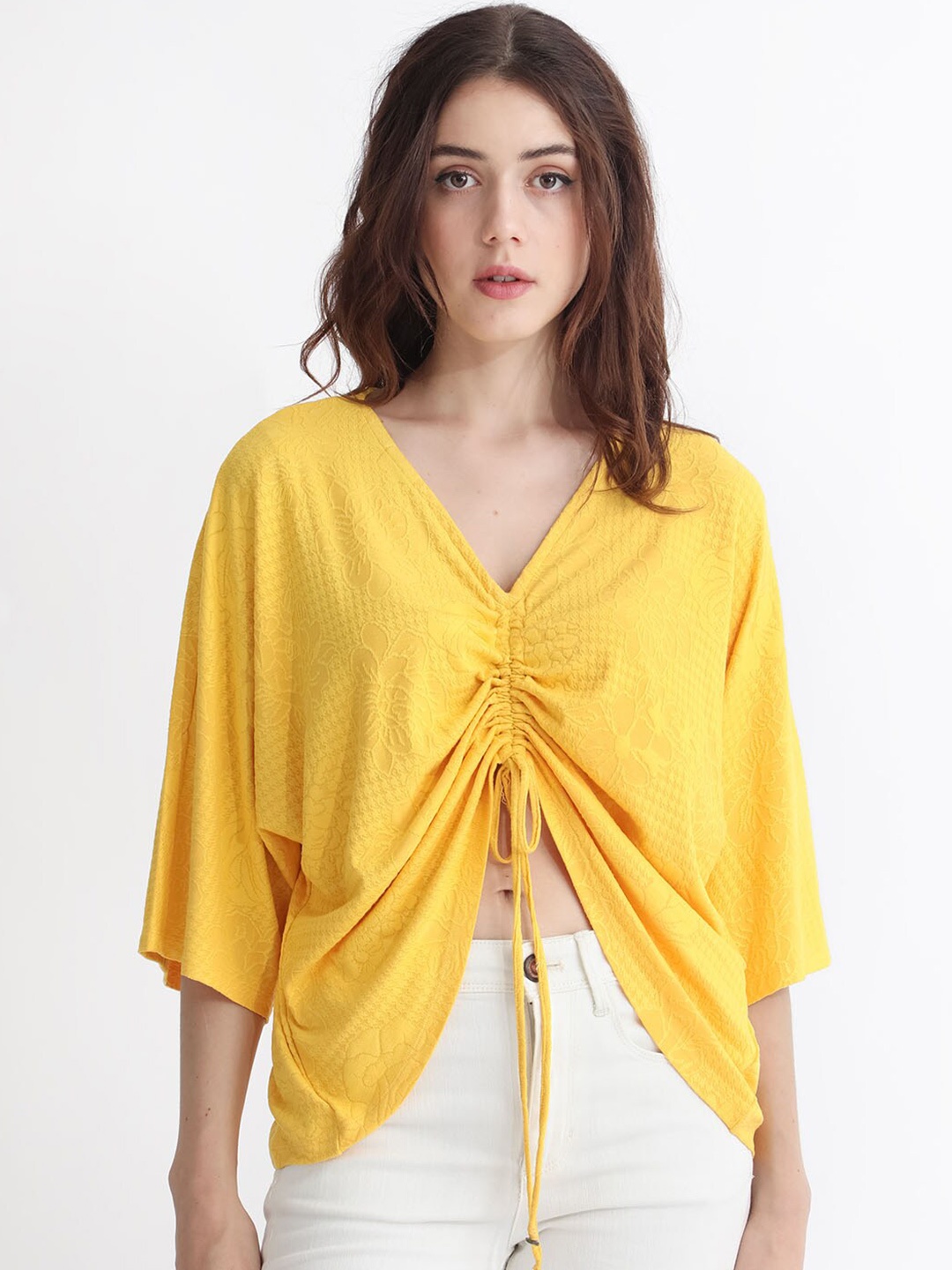 

RAREISM Self Design V-Neck Flared Sleeve Ruched Top, Yellow