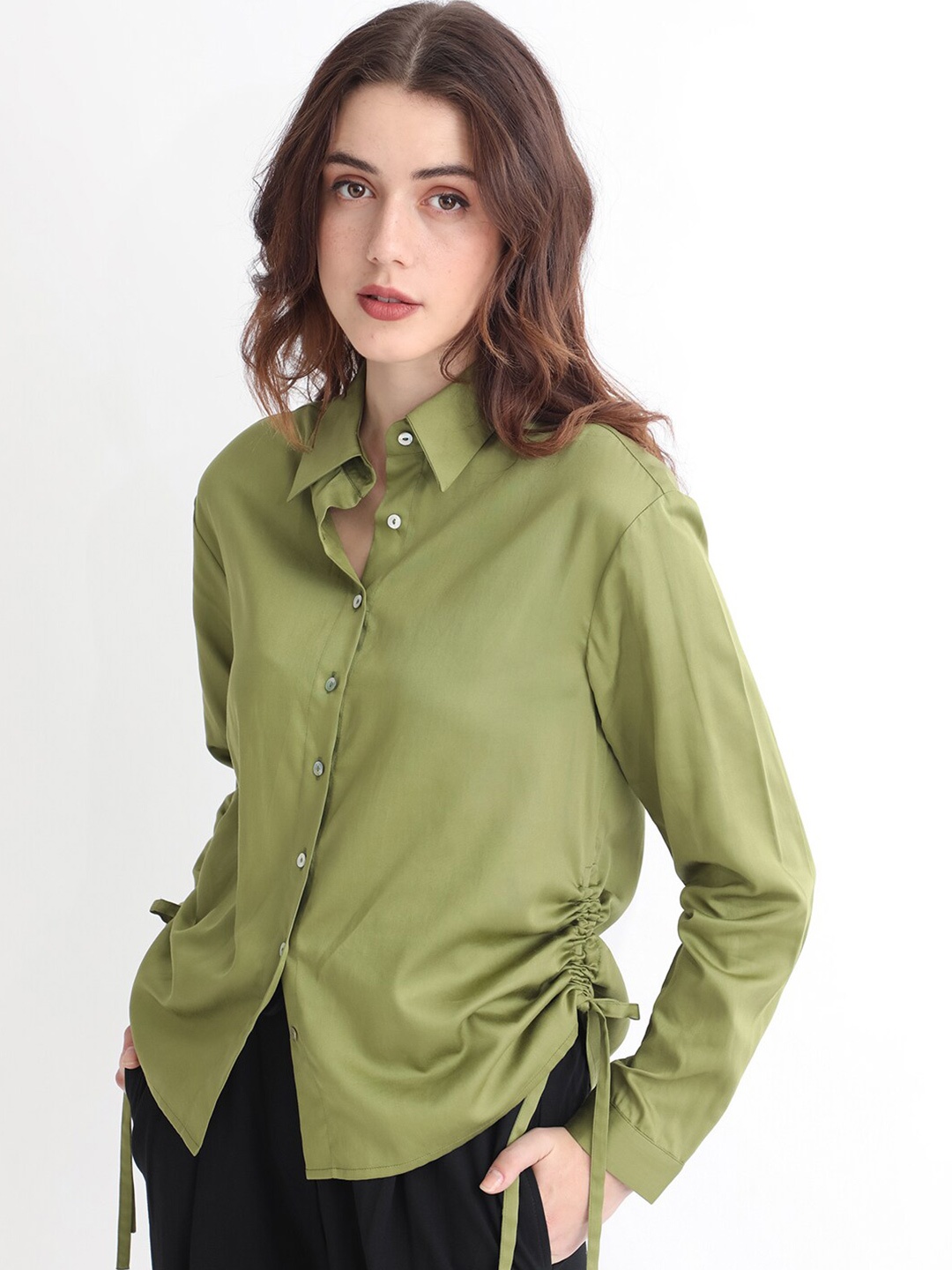 

RAREISM Spread Collar Cuffed Sleeves Cotton Tie-Up Shirt Style Top, Olive