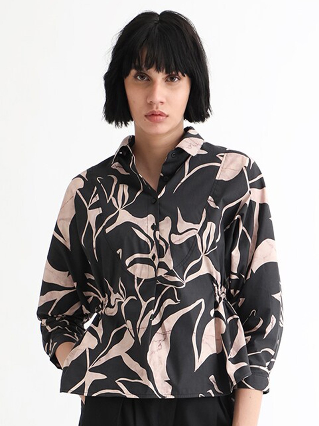 

RAREISM Floral Printed Shirt Collar High-Low Shirt Style Top, Black