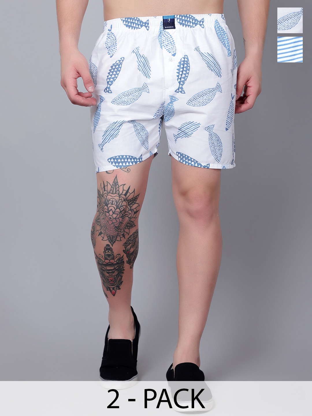 

BAWERIN Pack Of 2 Printed Pure Cotton Boxers BAW-2302-11-S, White